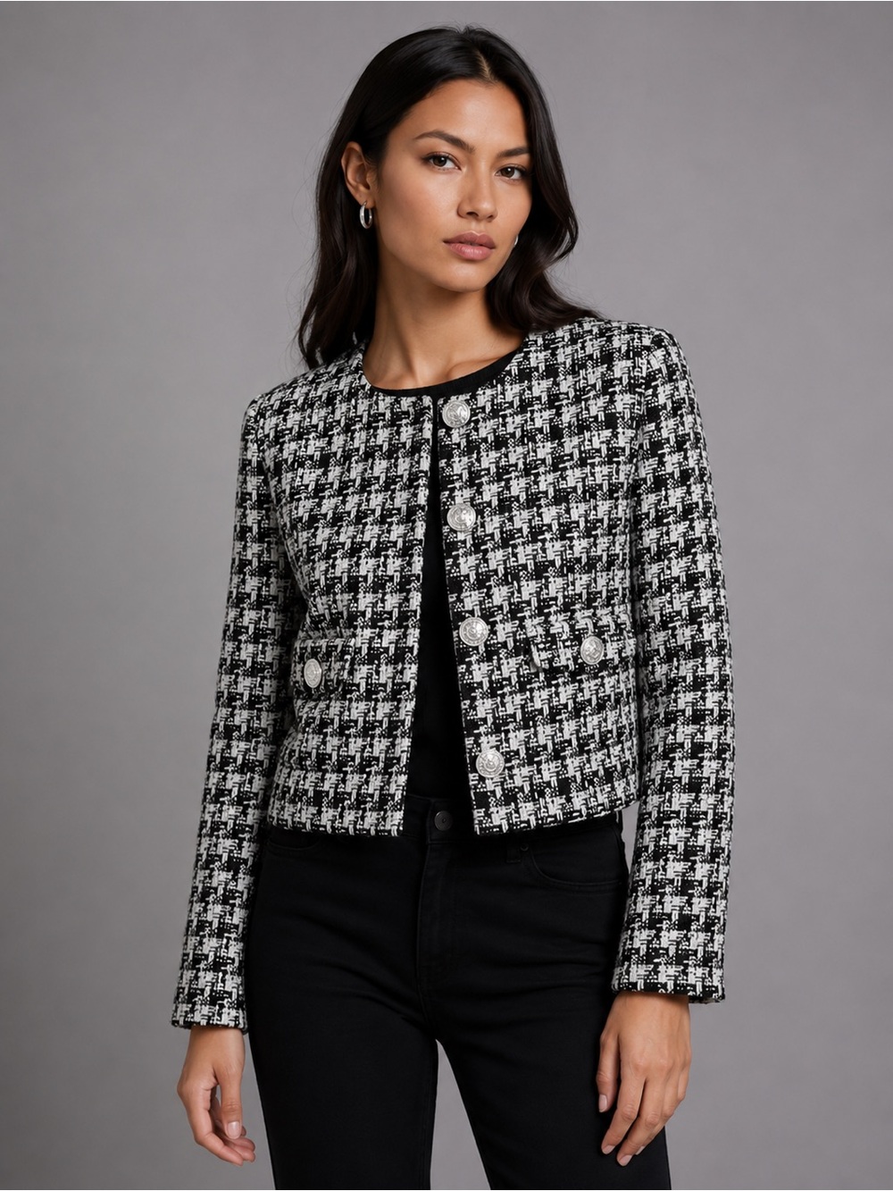 H&M Black & White Plaid Bouclé Jacket – Size M | Silver Button Detail - Picture 4 of 14
